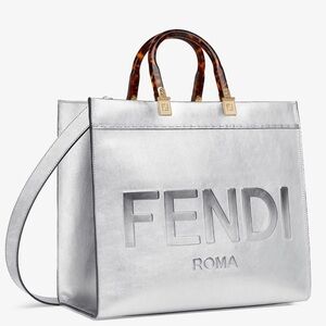 NWOT Fendi Medium Sunshine Metallic Leather Shopper Tote in Silver